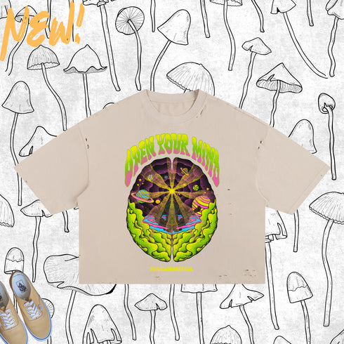 Expand Your Mind Frayed Boxy Tee with Esoteric Psychedelic Graphic for Festivals